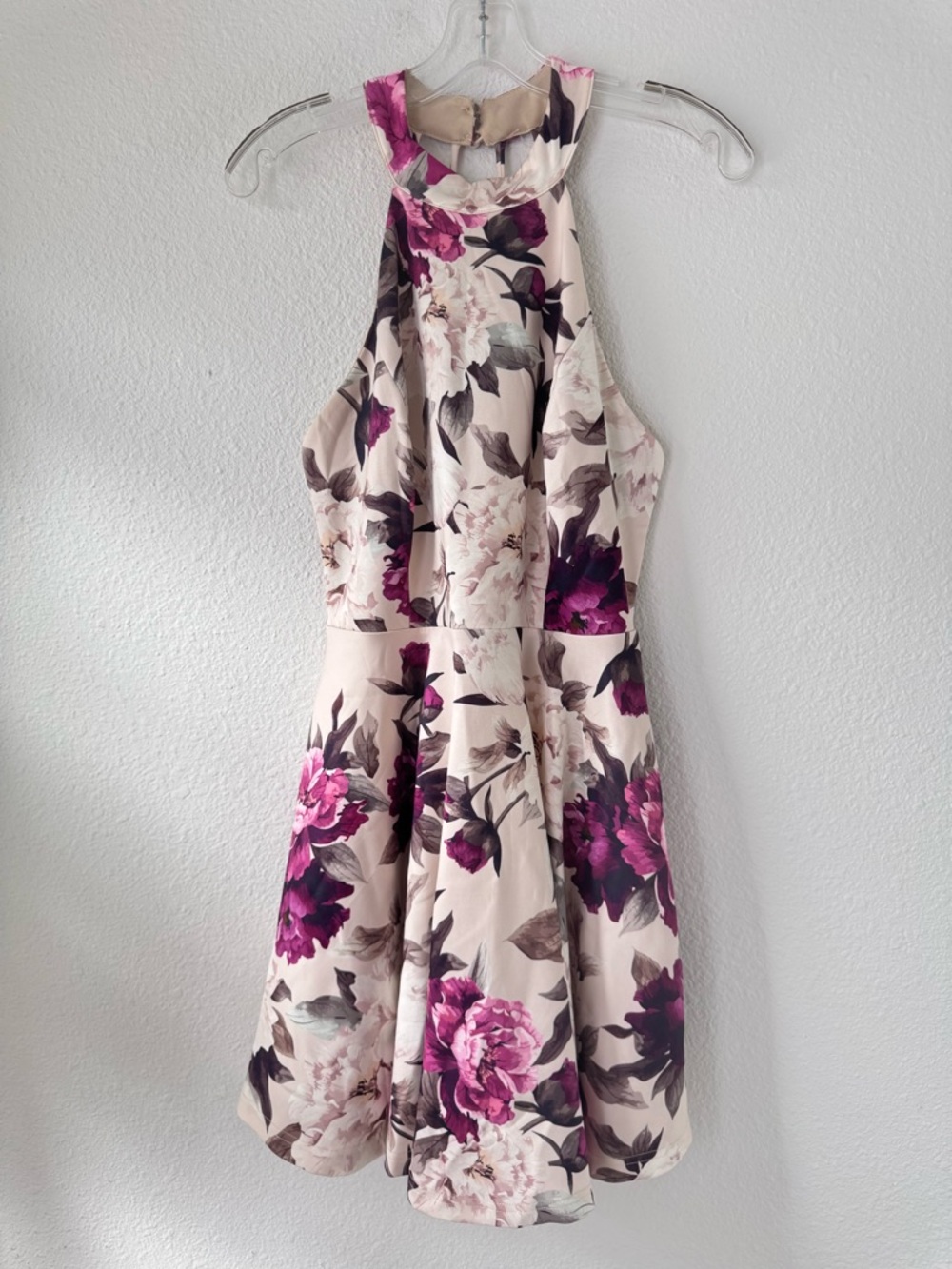 Trac Blush Halter Mini Dress Backless Halter Plum Floral Print L Party Wedding